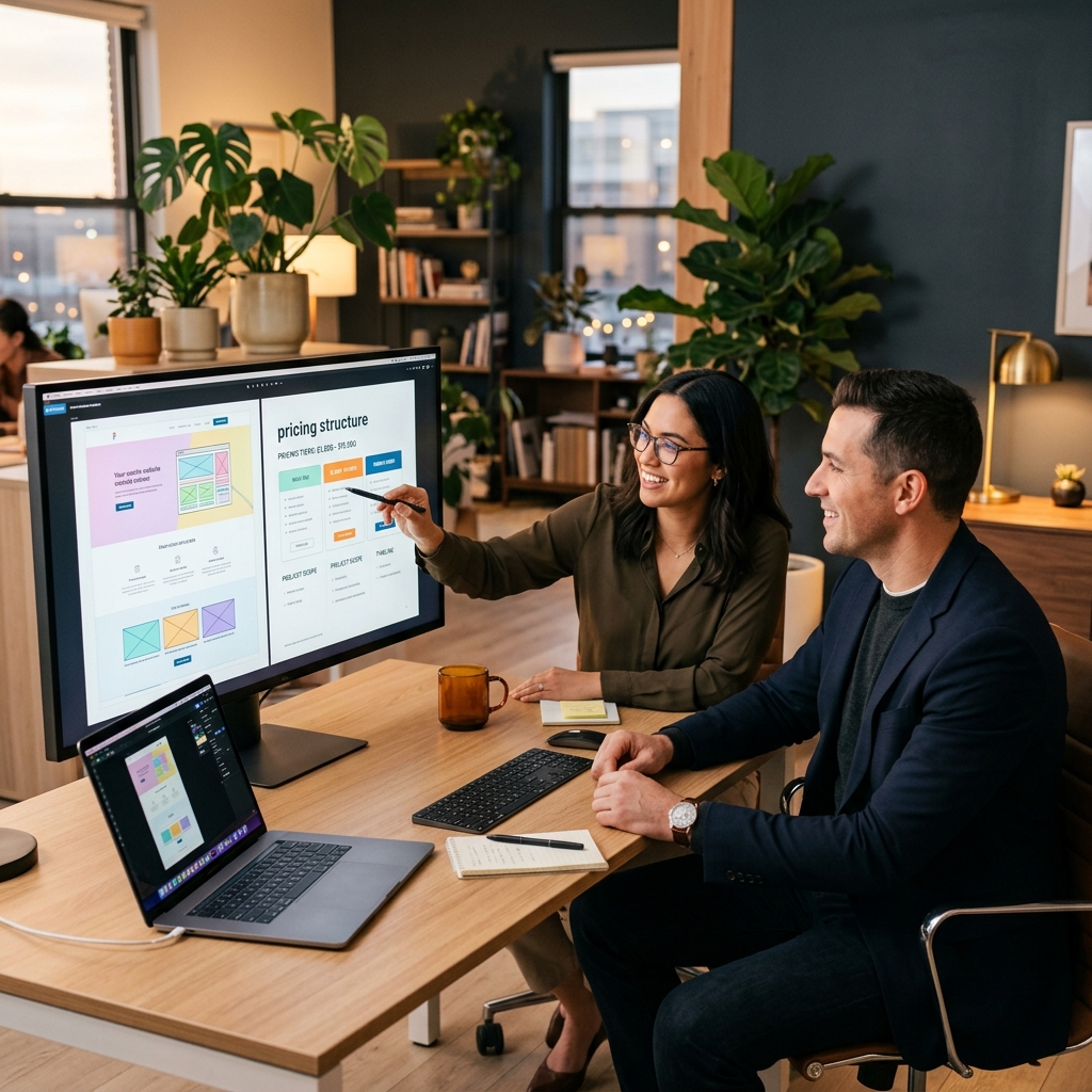 Designer e empresário revisando mockups e tabela de preços de site profissional