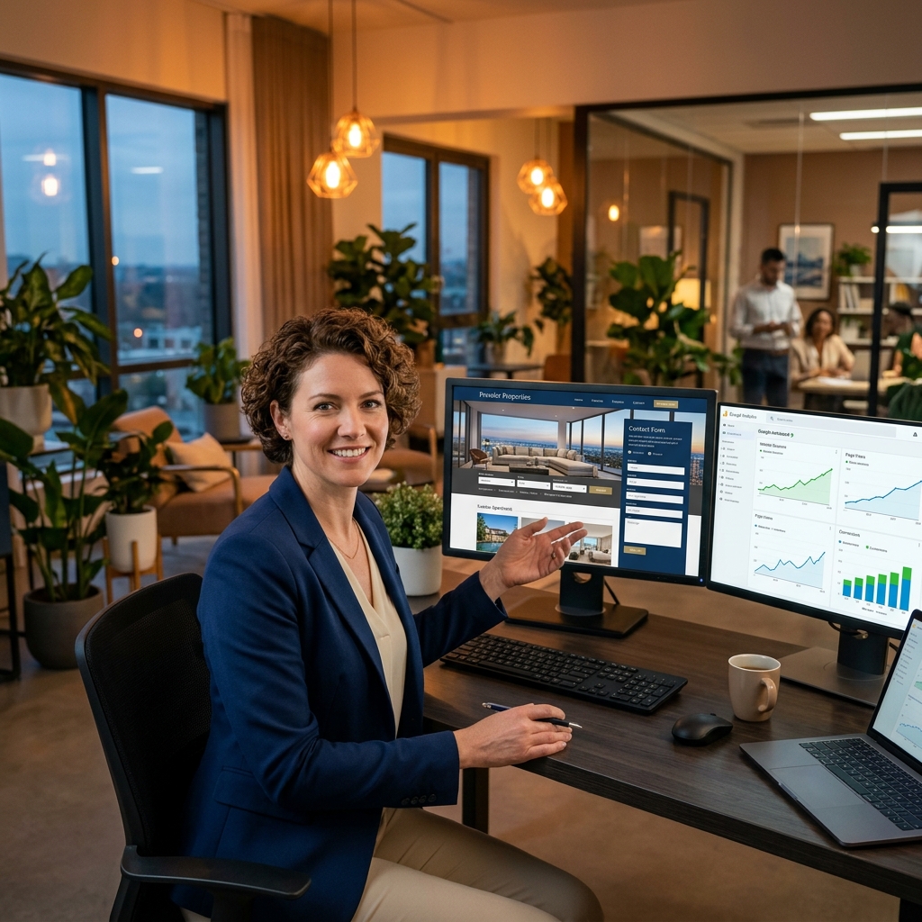 Corretora de imóveis ao lado de site imobiliário no monitor com analytics de resultado crescente